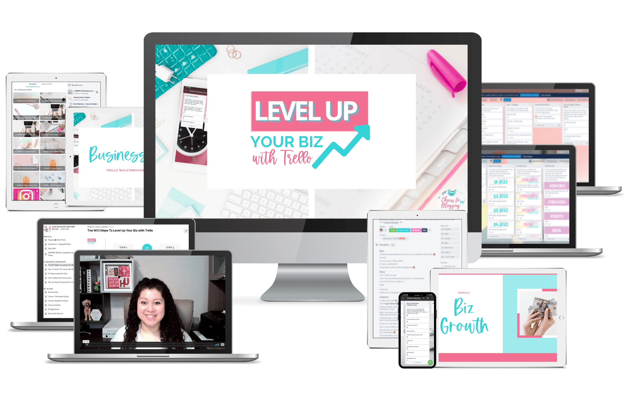 mockup of what's included in the Level Up Your Biz with Trello program.